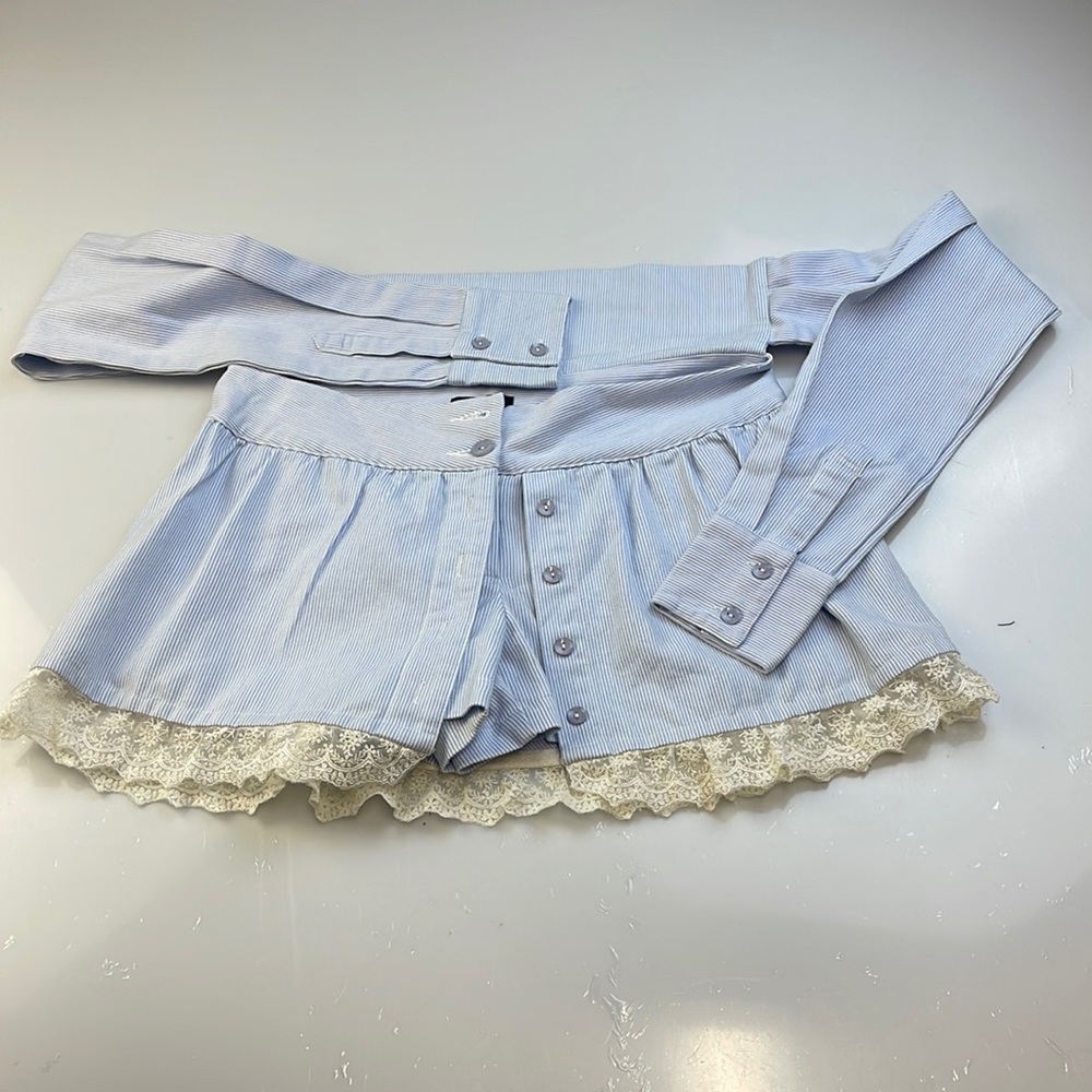 Honey Salon Baby Blue Striped Apron Skirt with Shorts Underneath & Lace Detail